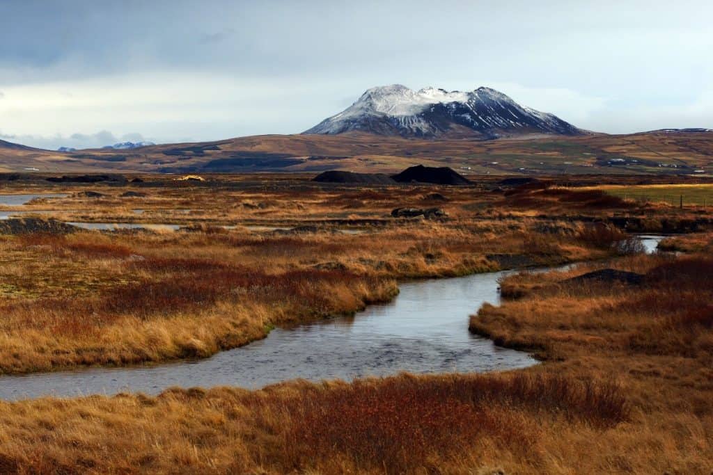 Impressive view of the mountain system Þríhyrningur from far away.